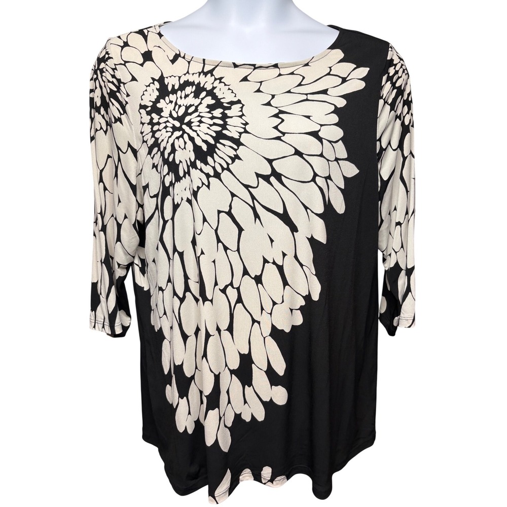SUSAN GRAVER Womens Black Cream Floral Tunic Top 2X Stretch Office-Chic Flowy
